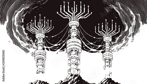 Futuristic Network Towers on Mountain Peaks, Sci-Fi Concept Art