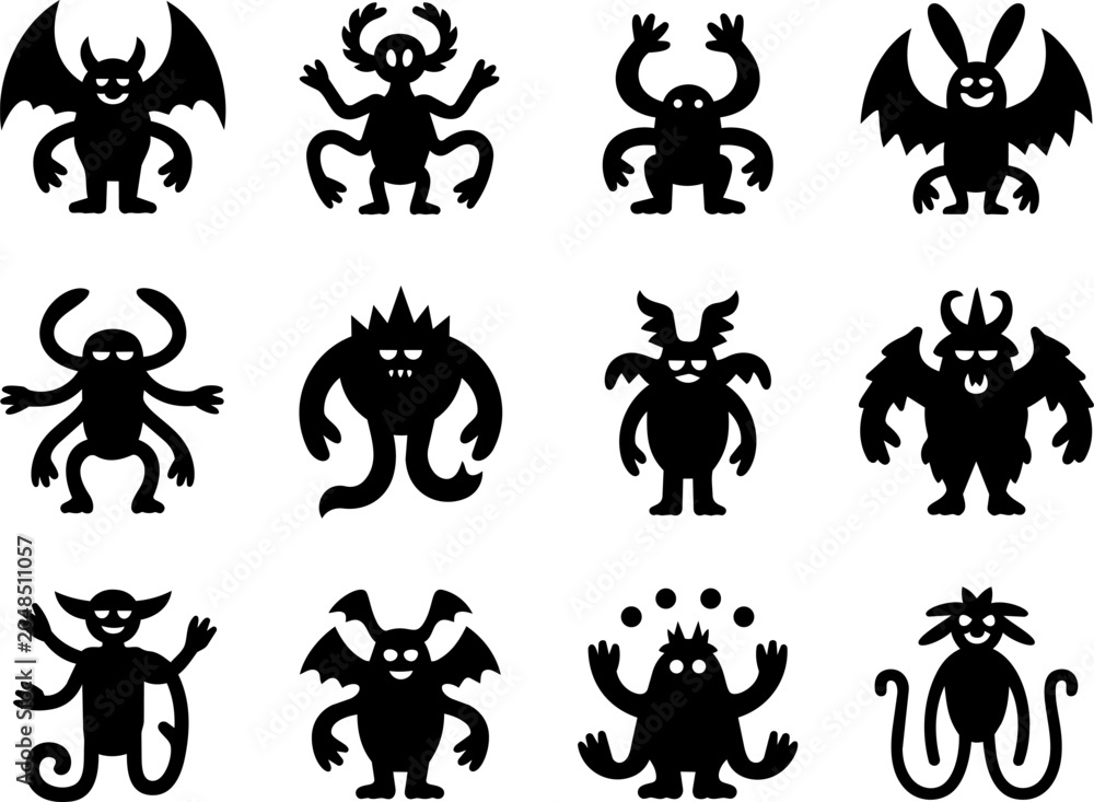 Obraz premium Black silhouette cute cartoon demon and alien monster character icon set with wing, horn, antenna, tail, and fang for halloween and game design