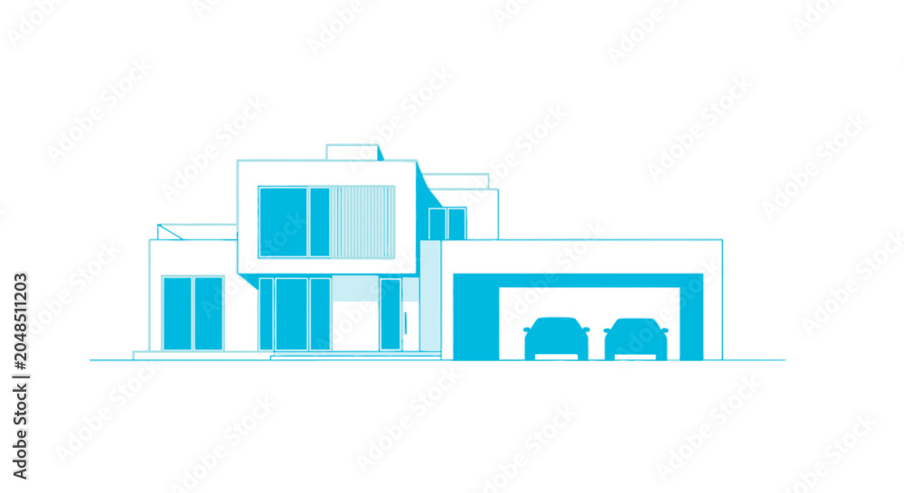 Fototapeta premium Modern House Design Blueprint with Garage and Cars, Minimalist Architectural Illustration