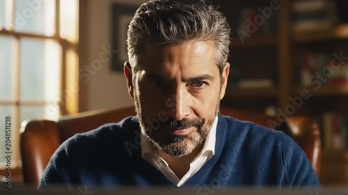 Thoughtful man working on a computer in a home office environment.