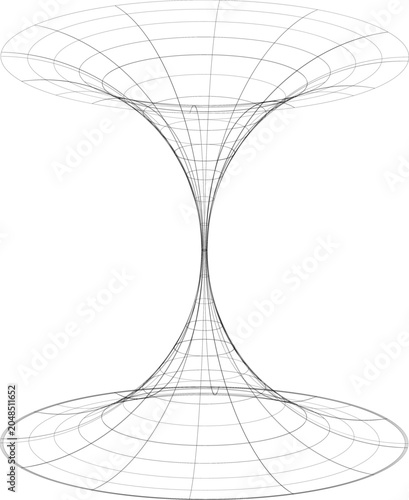 3D wireframe hyperboloid surface resembling wormhole geometry, abstract mathematical and physics visualization for scientific or creative projects