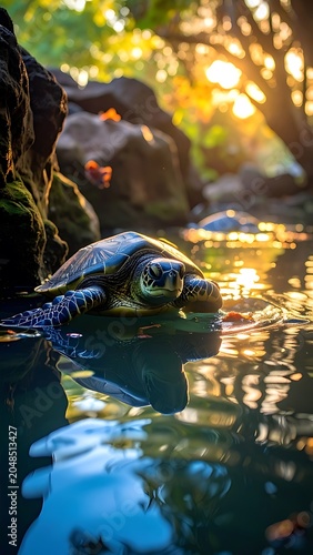 A turtle swims in a serene body of water surrounded by rocks and trees