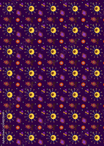 A whimsical violet background filled with bright, hand-drawn, fantastical abstract shapes and patterns, creating a magical and surreal atmosphere.