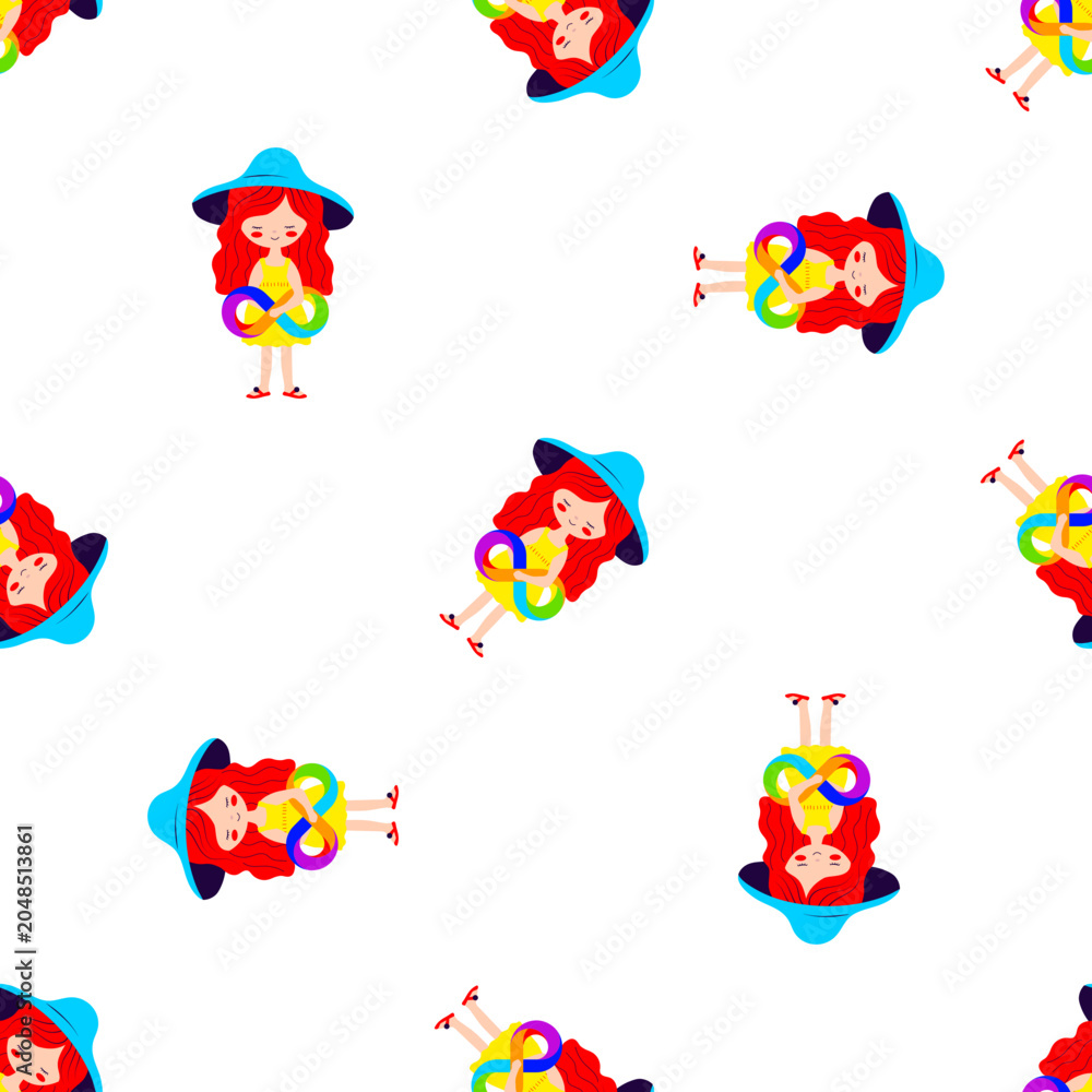 Fototapeta premium Colorful rings and a girl with a hat in a pattern on a transparent background illustrating ADHD concepts