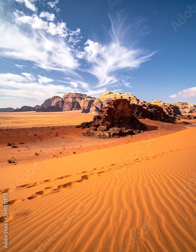 A vast desert landscape with a large rock formation