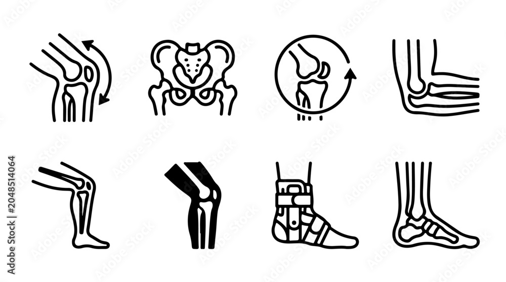 Fototapeta premium Human Joint and Bone Anatomy Illustrations – Medical and Physiotherapy Symbols Representing Movement, Pain, and Orthopedic Health for Creative Design, Education, and Healthcare Projects