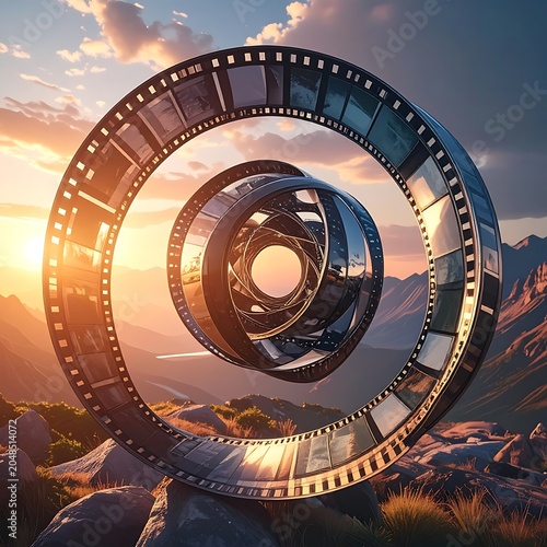 A swirling metallic film strip sculpture in a mountainous landscape