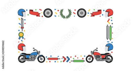 Foto Motorcycle Racing Frame with Helmets, Wheels, and Ribbons