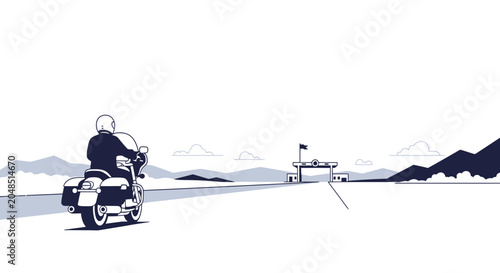 Foto Motorcyclist approaching border crossing gate on open road, minimalist line art