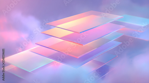 Abstract 3d render of floating glass plates with holographic gradient colors in a dreamy, ethereal atmosphere
