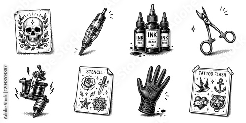 Tattoo studio sketch icon collection in black. Set of tattooing, ink and body art icons in doodle style