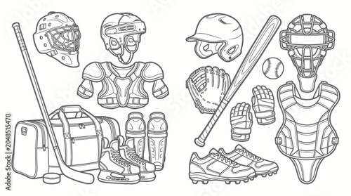 Ice Hockey and Baseball Sports Equipment Gear Line Art Set