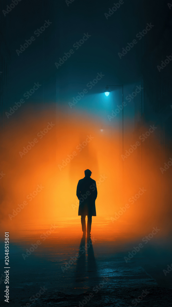 Obraz premium Solitary figure walks away through a foggy urban alley bathed in dramatic orange glow and teal blue light, a noir silhouette evoking mystery, suspense and lonely contemplation