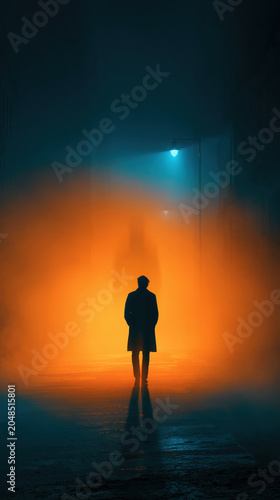 Solitary figure walks away through a foggy urban alley bathed in dramatic orange glow and teal blue light, a noir silhouette evoking mystery, suspense and lonely contemplation
