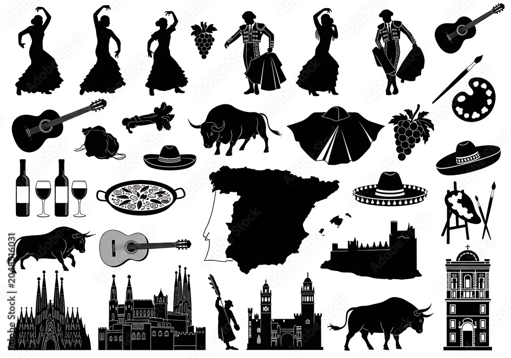 Fototapeta premium Set of black silhouettes representing traditional spanish culture and iconic landmarks