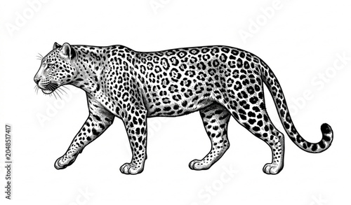 Photography Vintage Walking Leopard Engraving Vector Illustration Black and White Wildlife A
