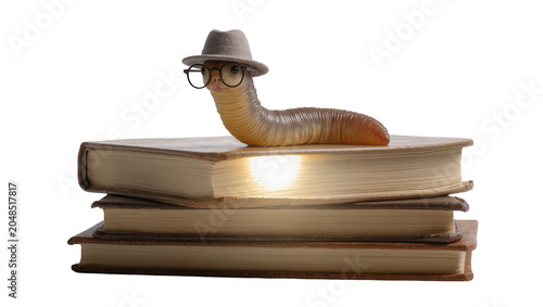 Quadro su tela Isolated intelligent bookworm character with hat and glasses sitting on a stack