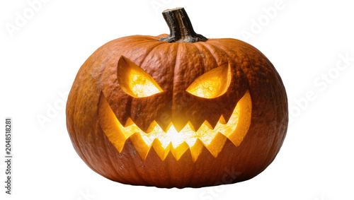 Obraz na plátně Isolated glowing Halloween pumpkin with scary face, carved jack-o'-lantern for spooky season