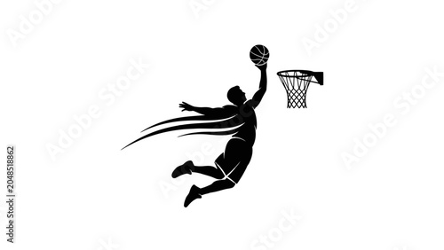 Fotografie Dynamic silhouette of a basketball player in mid-air performing a powerful dunk with a stylized motion effect