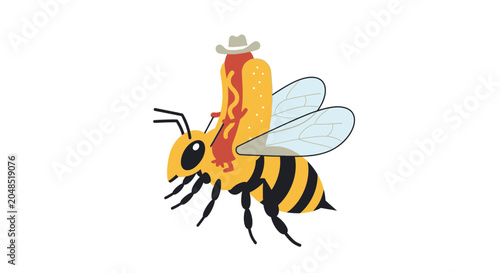 Photos Funny Hot Dog Riding a Bee Wearing Cowboy Hat, Whimsical Food Illustration