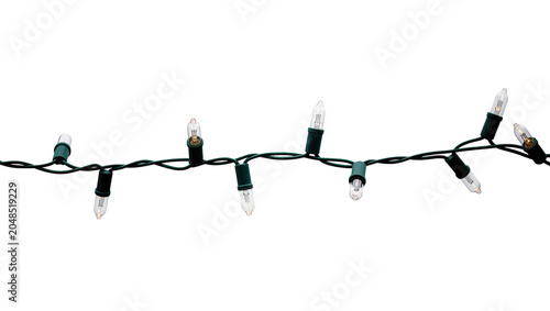 Foto Isolated string of small clear incandescent Christmas lights on green wire festi