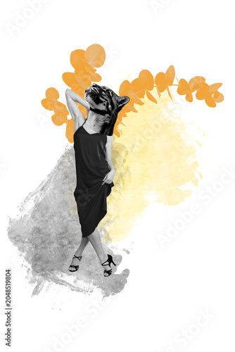Foto Sketch design trend artwork poster 3D photo collage of young woman wear dress se