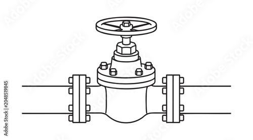  Detailed illustration of a valve on a pipe system with wheel handle and bolts