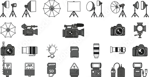 Set of photography and videography equipment icons featuring cameras lenses lighting gear and memory cards in a flat vector style