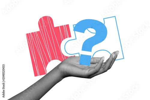 Fotografia Composite artwork 3d image collage of hand hold question mark brainstorm ponder