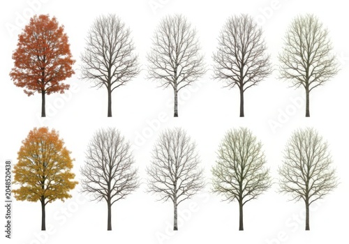 Set of deciduous trees in autumn and winter isolated on white background