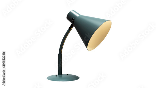 Photography Isolated stylish green metal desk lamp with flexible arm and round base, modern