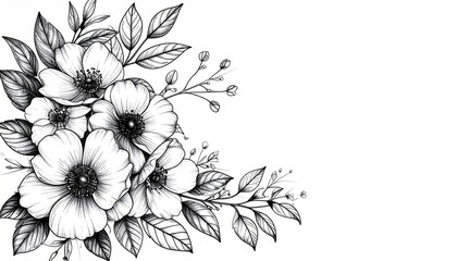Elegant corner floral arrangement of sketched black and white flowers