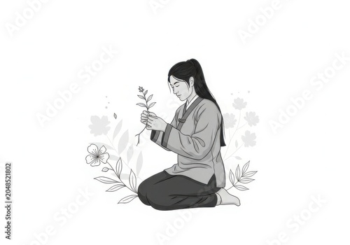 Young woman in traditional hanbok holding plant isolated on white background