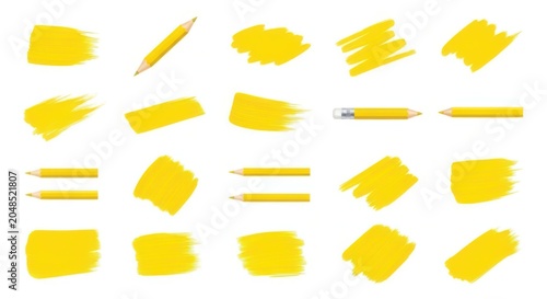 Yellow pencil icons and paint brush strokes isolated on white background