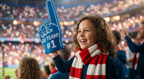 Excited Young Sports Fan Cheering with Foam Finger and Team Scarf in a Crowded Stadium During a Live Game Celebration