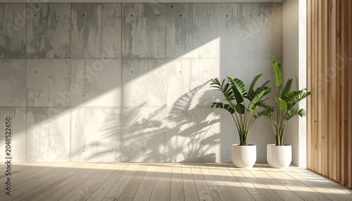Bright sunlit room concrete wall, wooden floor, two green plants