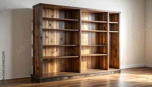 Empty rustic wooden bookcase in a bright minimalist room