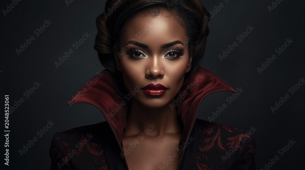 Fototapeta premium A striking portrait of a confident woman with deep red lipstick and a high-collared, dark patterned jacket against a black background.