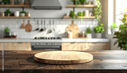 Sunny kitchen interior with wooden table, cutting board focus