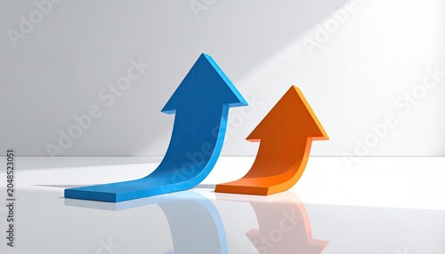 Blue and orange 3D growth arrows pointing up on white