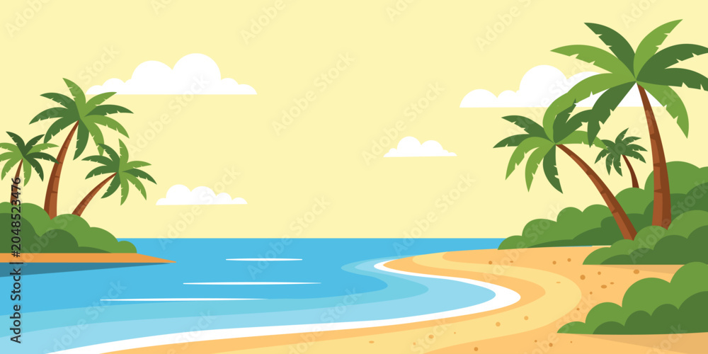 Obraz premium Flat tropical beach landscape with palm trees, curved sandy shore, calm blue sea, clouds, and sunny colors, ideal for summer travel posters, tourism banners, vacation ads, and coastal backgrounds.