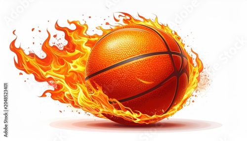 Basketball ablaze, streaking through fiery orange and yellow flames