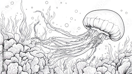 Monochrome drawing of a jellyfish swimming among coral reefs with seaweed and bubbles
