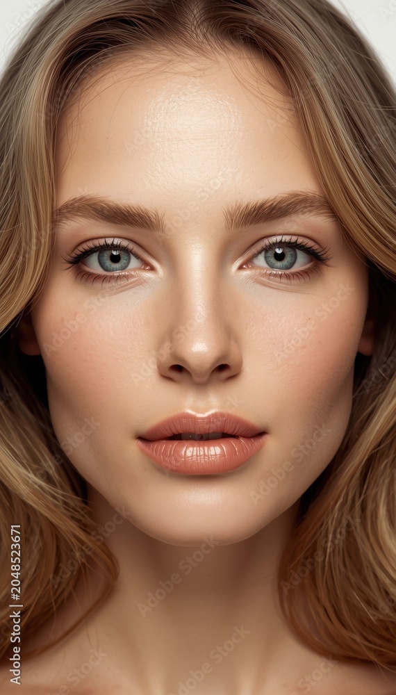 Fototapeta premium Close-up portrait of a young woman with flawless skin, blue eyes, and natural makeup, showcasing her soft facial features and light brown hair.
