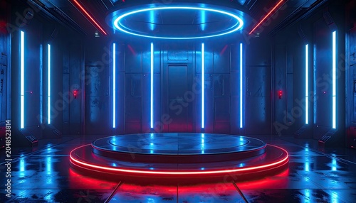 Cyberpunk stage with glowing blue ring above a red-lit platform