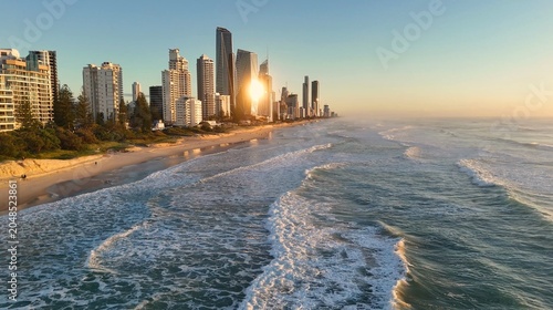 Vászonkép Aerial View of Gold Coast Skyline and Ocean Waves at Sunrise