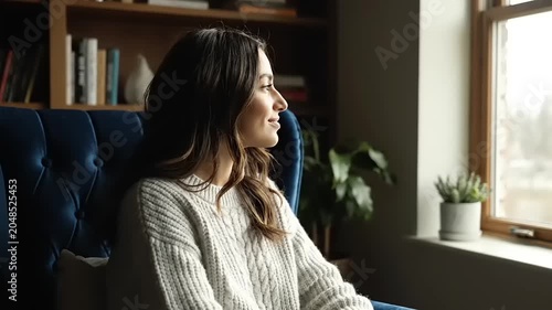 Thoughtful Woman Gazing Out Window in Cozy Living Room, Contemplation.