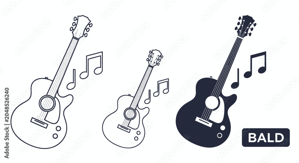 Fototapeta premium Collection of three guitar icons with musical notes in a monochrome vector design.