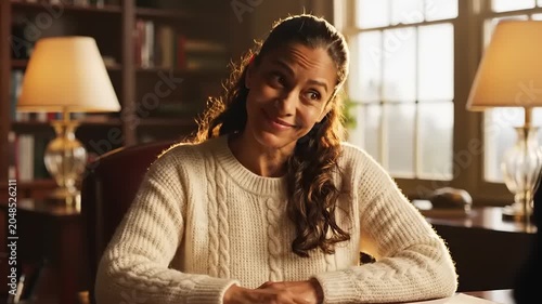 Thoughtful Woman in a Cozy Room with Books and Lamp.