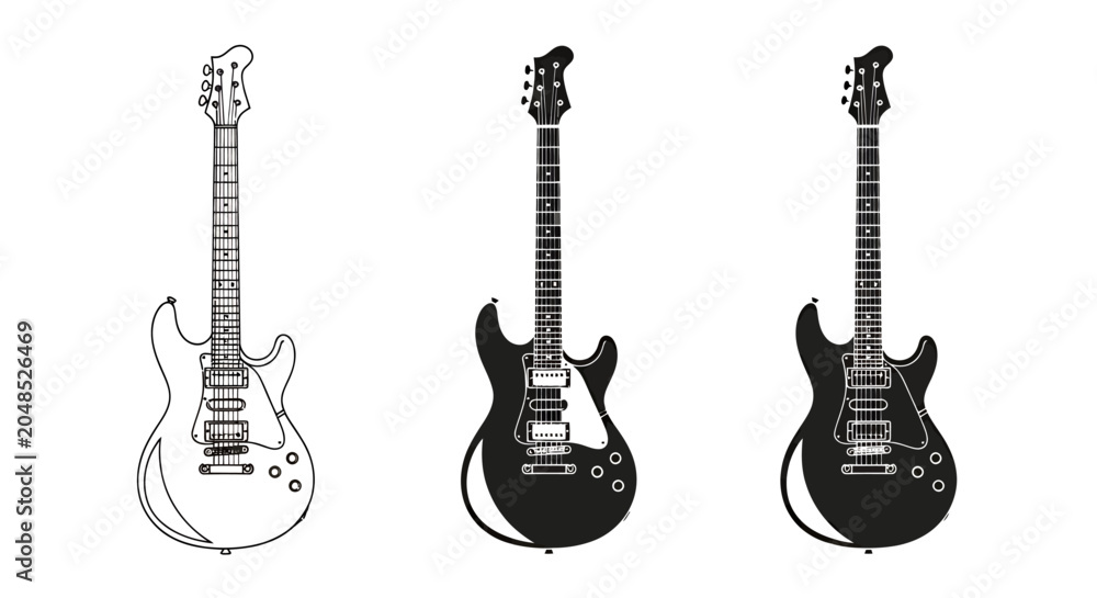 Fototapeta premium Three Electric Guitars in White, Black and Dark Finish Displayed as a Trio.